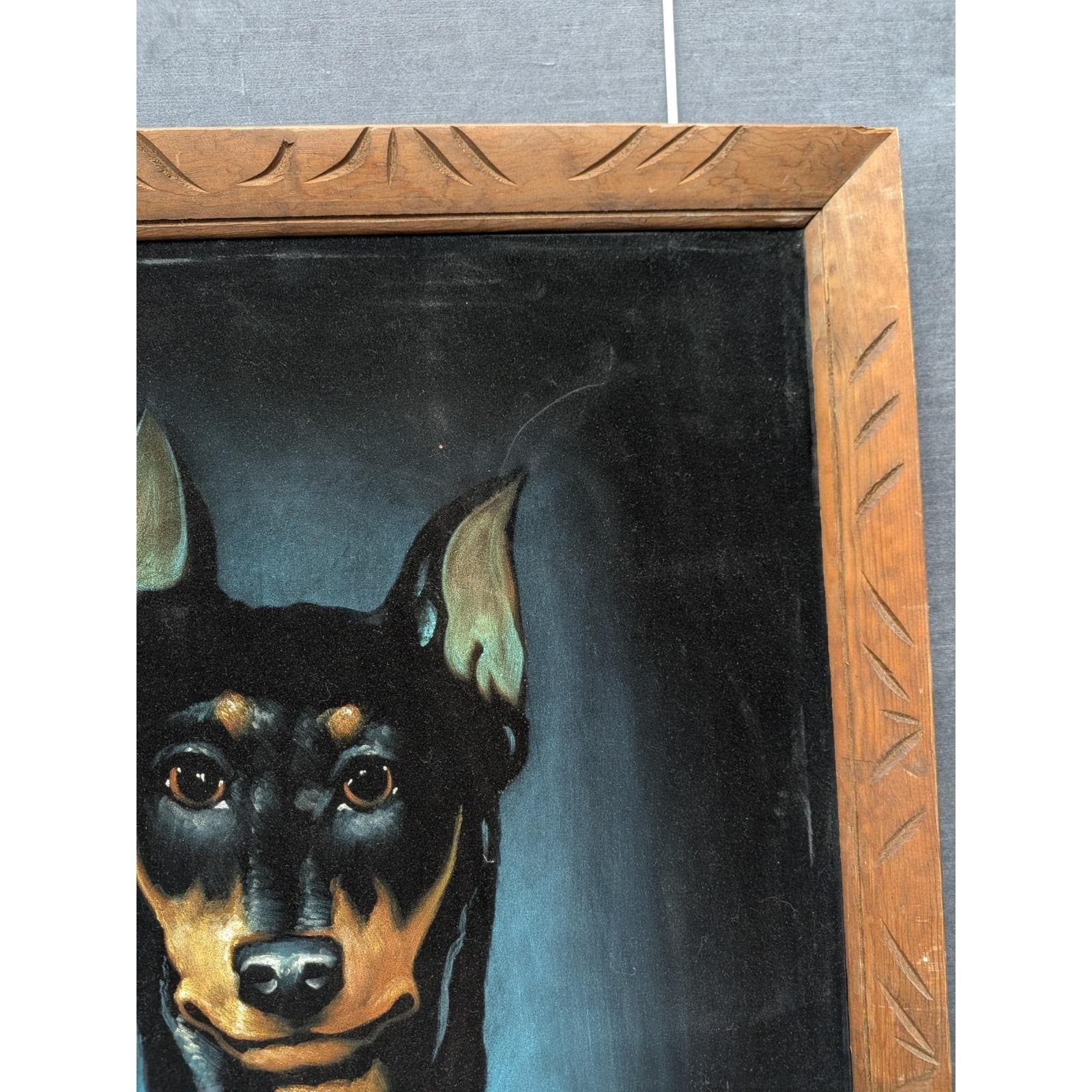 VTG Black Velvet DOBERMAN Painting 28x38 Carved Wood Frame Mexico