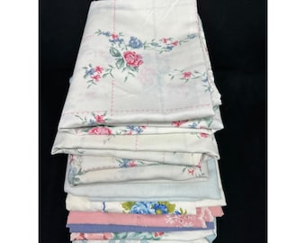 Vtg Pillowcases 8 Coordinating Blue-Pink Florals Solids Quilting Crafting Fabric