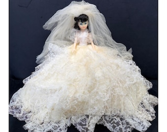 Vintage Goth Bride Doll Large Wedding Gown 17" Tall Free Standing Creepy Grunge