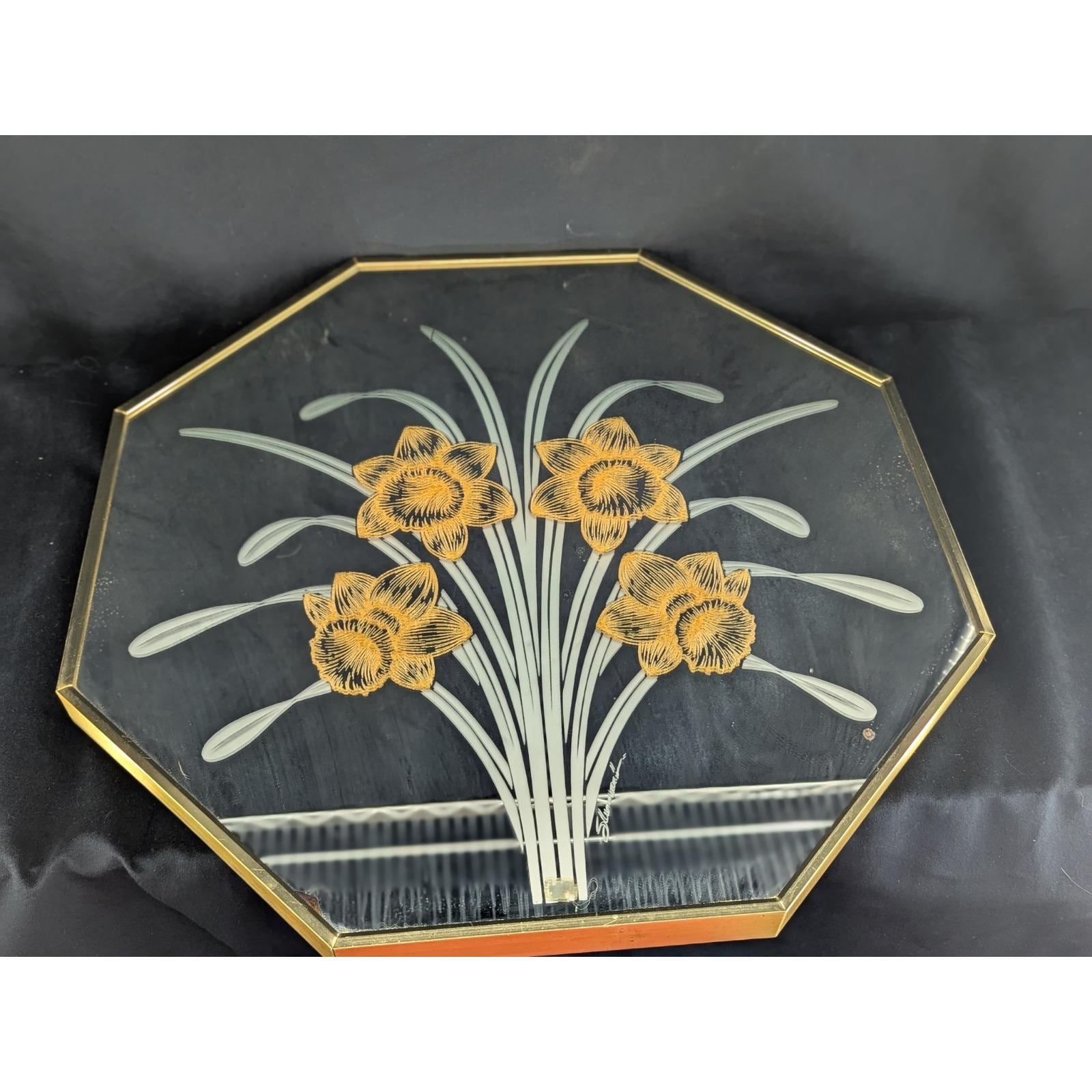 VTG Windsor Art Etched Glass Mirror Daffodils Octagonal Gold 24x24