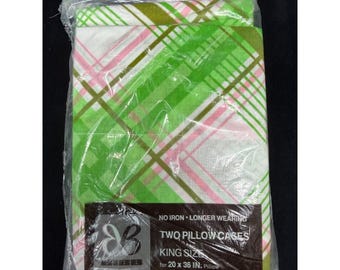 Vintage Bibb King Size Pillowcases Pink/Green Plaid 42"x46" No Iron 70s 80s NOS