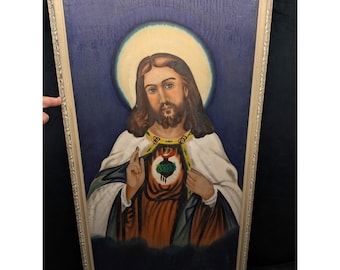 OOAK Painted Christ Holy Heart Framed Icon Iconography 18x32.5