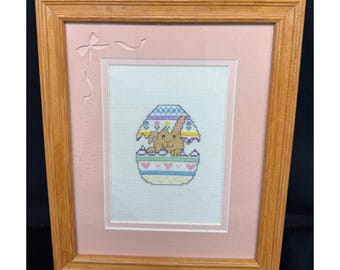 Vintage Easter Cross Stitch Finished Framed Easter Egg Easter Bunny 9.5"x11.5"