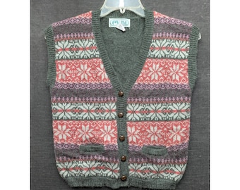 Vintage Sweater Vest E.V. Ltd Gray Fair Isle Faux Wood Buttons Y2K Soft Masc L