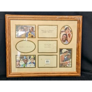 May include: A rectangular wooden collage picture frame with a light brown finish. The frame features multiple openings for photos, including rectangular and oval shapes. Text on the matting reads 4x6 inch openings jumbo prints and 16x20 inch.