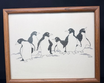 Vintage Penguin Cross Stitch Framed Needlecraft 1989 Granny Core Grandma Cottage