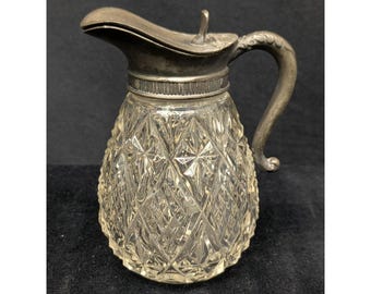 Antique Cut Glass Diamonds Fan Creamer Syrup Pitcher with Pewter Top Handle 3.5"