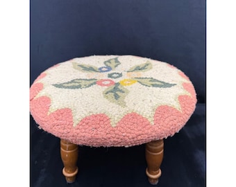 Vtg Needlepoint Floral Round 4 Wood Leg Foot Stool 14"Wx9"H Granny Core Cottage