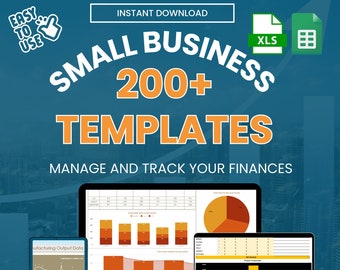 May include: A blue and orange graphic with the text "SMALL BUSINESS 200+ TEMPLATES" and "MANAGE AND TRACK YOUR FINANCES". The graphic also includes an image of a computer screen with a spreadsheet and charts, and a phone screen with a graph. The graphic also includes the text "EASY TO USE" and "INSTANT DOWNLOAD".