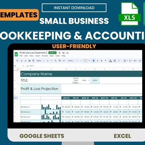 May include: A computer screen displaying a Google Sheets spreadsheet with a profit and loss statement template. The spreadsheet is titled "Profit and Loss Statement 2" and includes columns for "Revenue 1", "Revenue 2", and "Revenue 3". The spreadsheet also includes a title bar with the text "Company Name" and "Profit & Loss Projection". The spreadsheet is labeled "Google Sheets" and "Excel" at the bottom of the screen.
