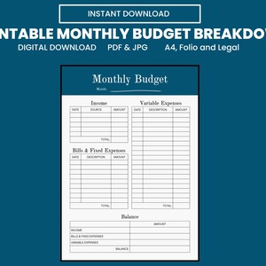Puede incluir: Una plantilla imprimible de desglose del presupuesto mensual con secciones para ingresos, gastos variables y facturas. La descarga digital está disponible en formatos PDF y JPG, e incluye tamaños A4, Folio y Legal. El texto "Presupuesto Mensual" está en la parte superior.