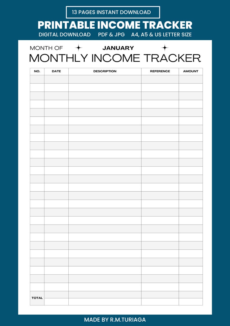 Monthly Income Tracker, Printable Financial Planner, Budget Planner, Money Tracker, Business ...