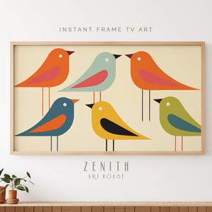 Peut inclure: Une impression encadrée de six oiseaux stylisés dans un style rétro. Les oiseaux sont dans des tons d'orange, jaune, bleu et vert sur un fond crème. L'impression est intitulée "Zenith Art House".