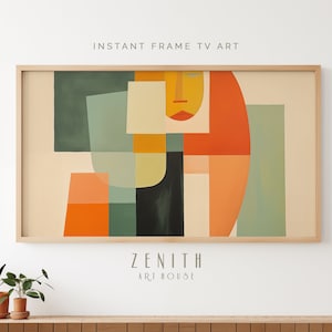 Puede incluir: Impresión de arte geométrico abstracto en un marco de madera con una paleta de colores suaves de naranja, amarillo, verde y beige. La impresión presenta una cara estilizada con una boca roja y ojos amarillos. El texto "ZENITH ART HOUSE" está impreso debajo del marco.