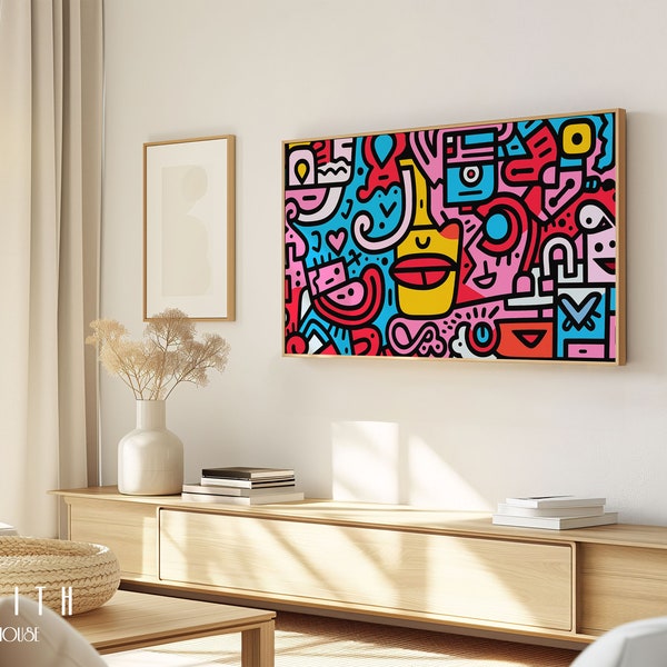 80's Retro Abstract Faces Poster, Samsung FRAME TV Art, Modern Wall Decor, Bright Colorful Whimsical Happy Fun Contemporary Digital Download