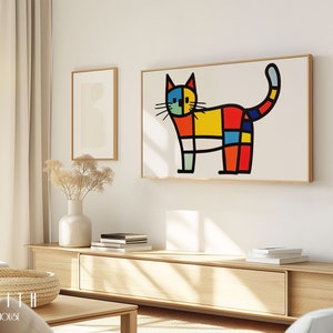Mondrian Squares Abstract Cat Print / Samsung FRAME TV Art, Decoración de pared moderna, Línea minimalista de bloques de color Pop Art Feline Descarga digital