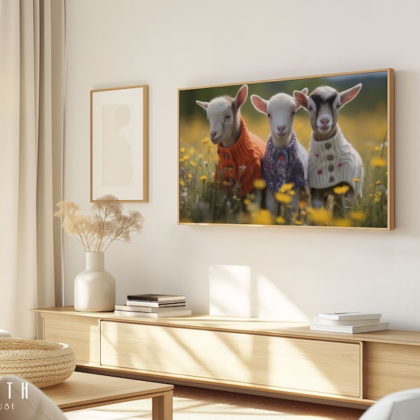 Baby Goats in Sweaters Photo, Samsung FRAME TV Art, Modern Neutral Wall Decor, Colorful Bright Spring Seasonal Holiday Easter Download