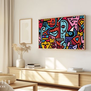 80er Jahre Retro Abstrakte Gesichter Poster | Samsung FRAME TV Kunst, moderne Wanddekoration, Funky Bunt Maximalist Pop Art Zeitgenössischer digitaler Download