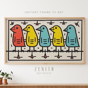 May include: A framed illustration of five cartoon birds lined up on a branch. The birds are red, yellow, blue, yellow, and blue. The background is beige with a black outline. The text "ZENITH ART HOUSE" is at the bottom of the frame.