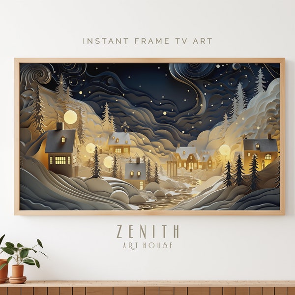 Winter's Night Village Paper Cutout, Samsung FRAME TV Art, Modern Wall Decor, Dark Moody Christmas Cute Seasonal Origami 3D Digital Download