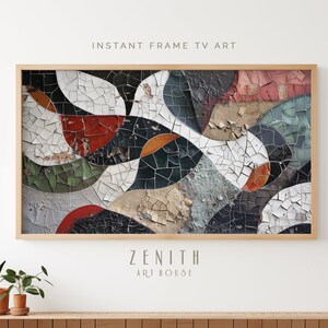 Puede incluir: Impresión de arte abstracto en mosaico en un marco de madera. La obra de arte presenta una mezcla de colores, incluyendo blanco, negro, rojo, verde y marrón. La impresión se titula "Zenith Art House".
