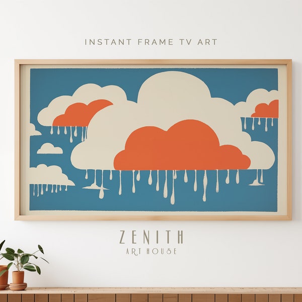 Rainy Clouds Lino Cut Print | Samsung FRAME TV Art, Modern Wall Decor, Minimalist Bright Sky Nature Contemporary Cartoon Neutral Download