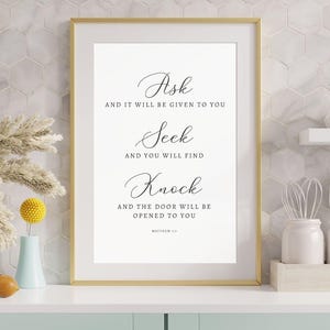 Matthew 7:7 Ask and it will be given to you Bible Quote, Bible Verse Wall Art Scripture Wall Art Decor Christian Gift for Men Wedding Gift