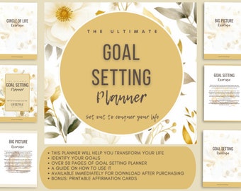 May include: A digital planner with a watercolor floral design and the text "The Ultimate Goal Setting Planner" in a gold circle. The planner includes over 50 pages of goal setting exercises, a guide on how to use it, and printable affirmation cards.