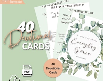 May include: A collection of 40 devotional cards with the text "Everyday Grace for Moms." The cards feature a soft green background with floral accents and the words "Instant Download" and "PDF" displayed.