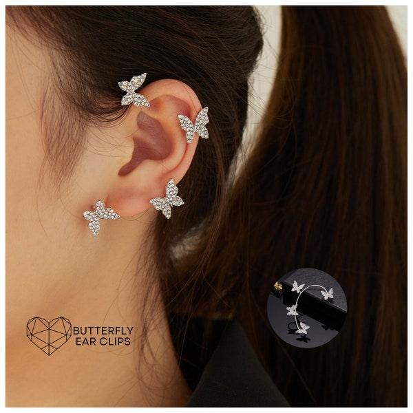 Boucles d'oreilles clip coréennes en zircone scintillante, argent, or, clips d'oreille papillon en métal sans piercing, cadeau pour elle, bijoux de mariage