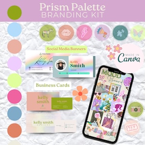 Kit de marque Prism Vibrant Rainbow Aesthetic | Tableau d'ambiance | Modèle de toile | Carte de visite modifiable Facebook | Pinterest | Instagram