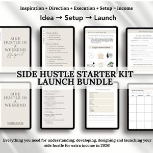 May include: A digital product bundle for starting a side hustle, featuring a workbook and guides on idea validation, branding, and marketing. The bundle includes a blueprint and starter kit, with the text "Side Hustle in a Weekend".