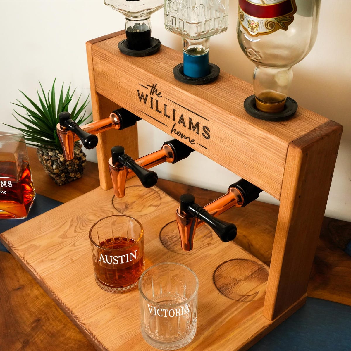 Custom Engraved Wood Liquor Dispenser, Housewarming Gift, Personalized Dispenser With Whiskey Glasses, Gift for Couples, Bourbon Decanter - Etsy