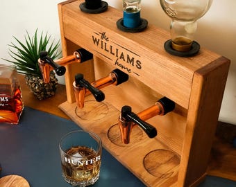 Custom Engraved Wood Liquor Dispenser, Housewarming Gift, Personalized Dispenser with Whiskey Glasses, Gift for Couples, Bourbon Decanter