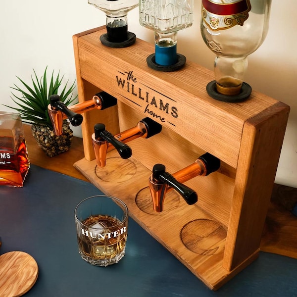 Custom Engraved Wood Liquor Dispenser, Housewarming Gift, Personalized Dispenser with Whiskey Glasses, Gift for Couples, Bourbon Decanter