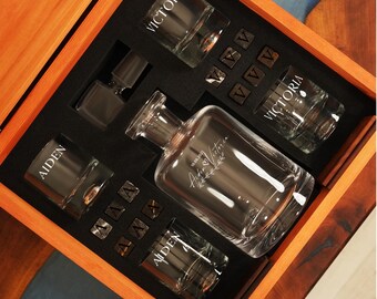 Personalized Whiskey Decanter Gift Set, Custom Wooden Box