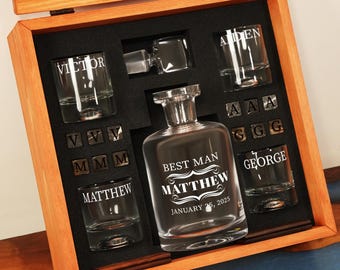 Personalized Whiskey Decanter Gift Set, Engraved Beech Wood Box