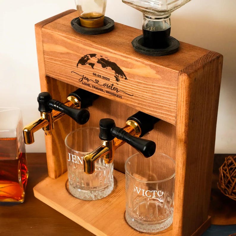 Custom Engraved Wood Liquor Dispenser, Housewarming Gift, Personalized Dispenser with Whiskey Glasses, Gift for Couples, Bourbon Decanter