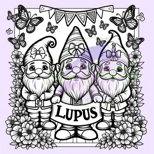 Joyful Gnomes - Lupus Awareness Coloring Page with Symbolic Butterflies