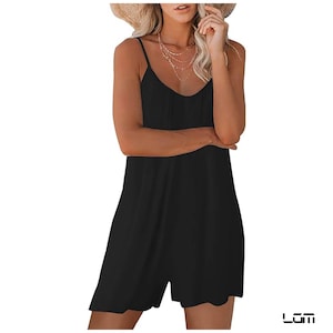 Women&#39;s Summer Short Rompers,Casual Sleeveless Strap Loose Adjustable Jumpsuits Stretchy Shorts Romper with Pockets,Loose Sty