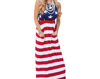 USA flag Women&#39;s Long Maxi Dress 4th of July - Independence Day - Patriotic American - American Flag - Summer Skater Dress Party Dress