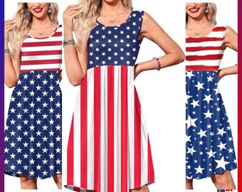 American Flag Women&#39;s Dress,Sleeveless Dress with Pockets, Patriotic, Gifts, Outfit, USA,Flag, 4th July, Independence Day Party Dress