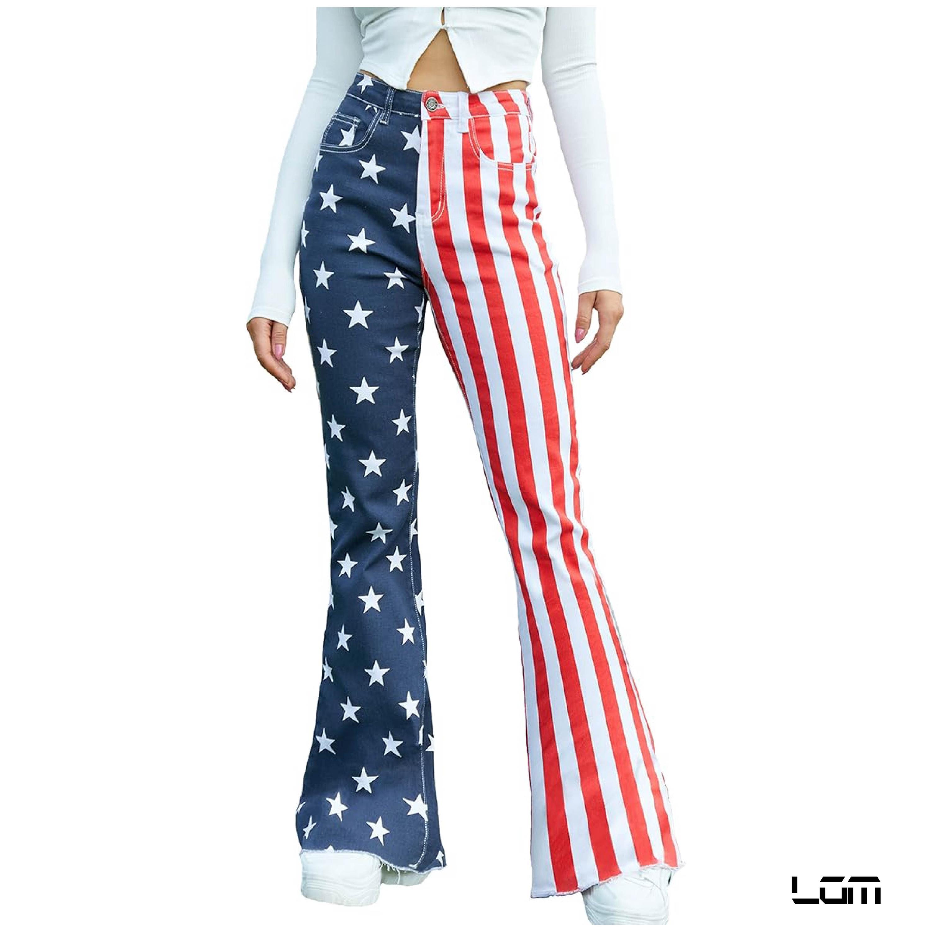 Bell bottoms Women flare pant ,High Waisted Stretchy American Flag Bell Bottoms Denim