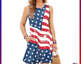 Women&#39;s Casual Red, White & Blue Stars Stripes Sleeveless Sundress Outfit Shift Dress, Americana Patriotic Tank Dresses 3XL