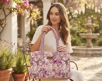 May include: A rectangular tote bag featuring a floral pattern in shades of purple, pink, and white. The bag has two braided lavender handles and a small brown rectangular patch with the text Wrangler centered on the front upper portion.