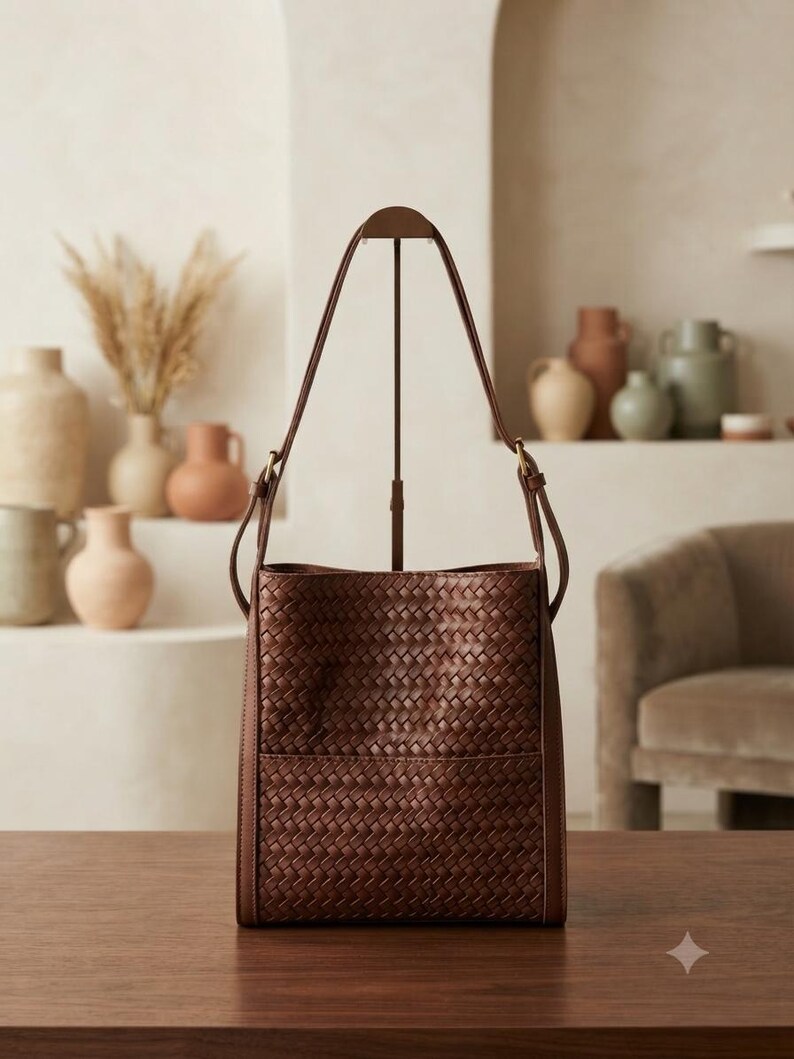 May include: A dark brown leather bucket bag featuring a woven exterior pattern. The bag has a structured rectangular base, a single adjustable shoulder strap attached with metal hardware, and a clean, open-top design with a consistent weave texture.