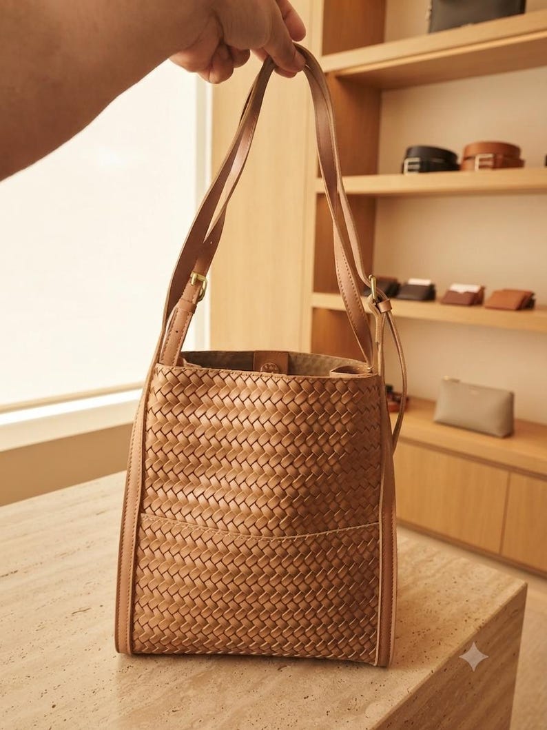 May include: A tan bucket bag featuring a woven exterior pattern, two long shoulder straps with adjustable metal buckles, and a structured rectangular base. The bag has a wide open top and a smooth, solid-colored trim along the vertical edges.