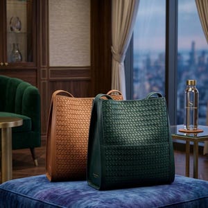 May include: Two structured tote bags with a woven texture, one in a deep forest green and the other in a warm tan brown. Both bags feature a rectangular silhouette, flat bases, and shoulder straps, showcasing a consistent grid-like pattern.