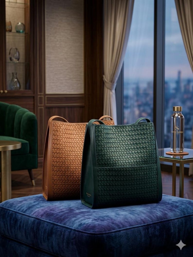 May include: Two structured tote bags with a woven texture, one in a deep forest green and the other in a warm tan brown. Both bags feature a rectangular silhouette, flat bases, and shoulder straps, showcasing a consistent grid-like pattern.