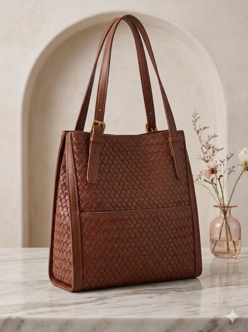 May include: A medium-sized brown tote bag featuring an intricate woven texture across the front and side panels. The bag includes two vertical shoulder straps with gold-toned metal buckles and a horizontal seam detail across the lower section.